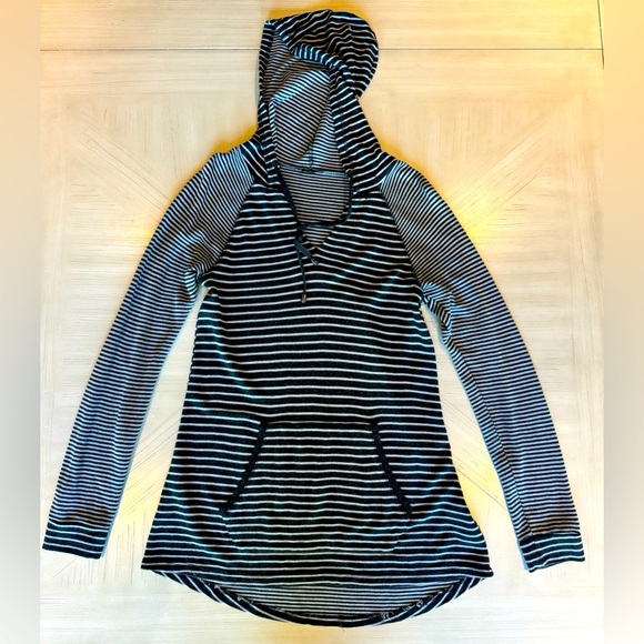 James Perse Grey Striped Hooded Pullover Hi-Low Hem & Kangaroo Pocket - Size S - Picture 9 of 14